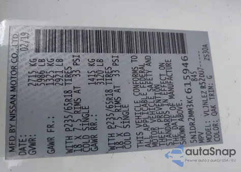 2019 Nissan Pathfinder Sv z USA, uszkodzony, nr VIN 5N1DR2MM3KC615946